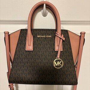 Michael Kors Brown and Pink Avril Small Logo and Leather Satchel